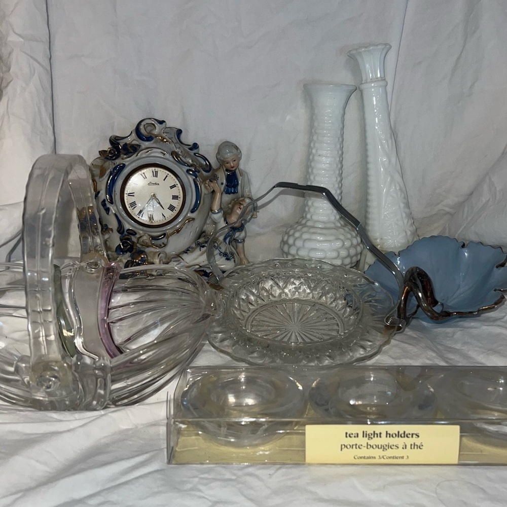 Vintage Antique Decor Treasure Home Decor Bundle Lot Clock Milk Glass Candle